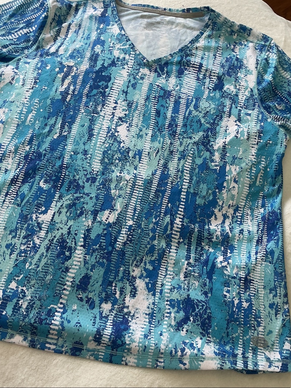 Reel Legends Aqua, White & Blue Print Performance Tee for Women